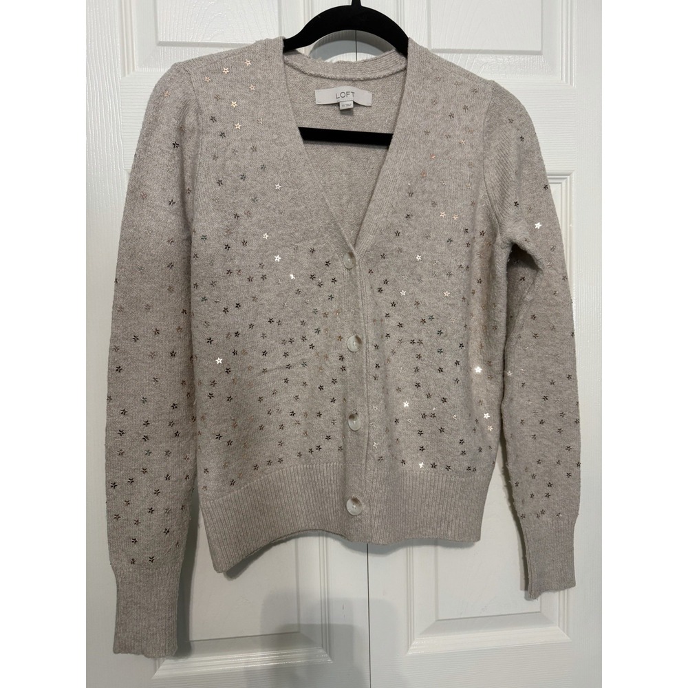 Loft Women Cardigan Sweater‎ Sequin Stars Women Size XS  Beige Button